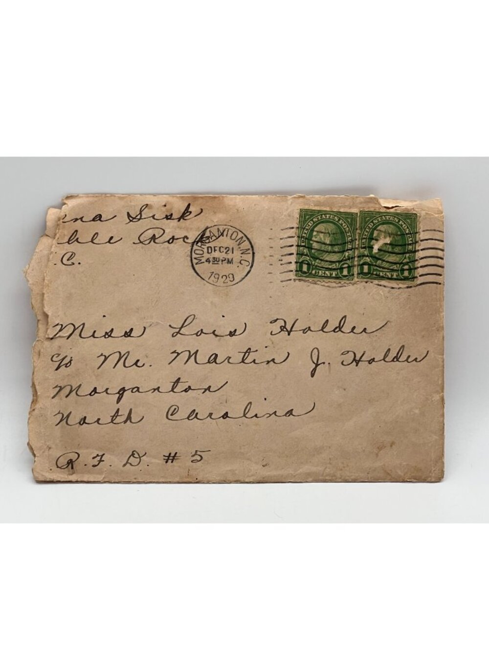 Vintage Envelope 1929 Postmarked Two 1-cent Green Benjamin Franklin US Stamps